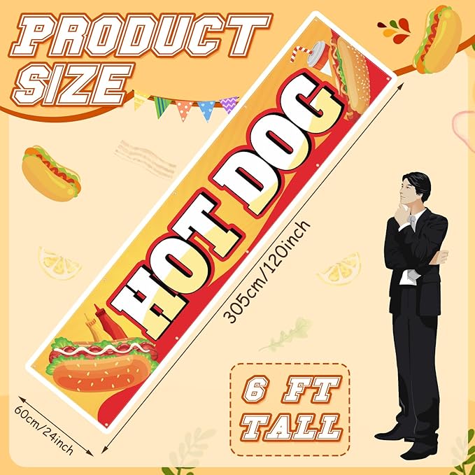 Tegeme Hot Dog Banner Sign for Shop Truck Decor 2x10 Ft/ 24x120 Inch Hot Dog Party Decorations Hotdog Birthday Party Supplies with 10 Grommets for Easy Hang Indoor Outdoor
