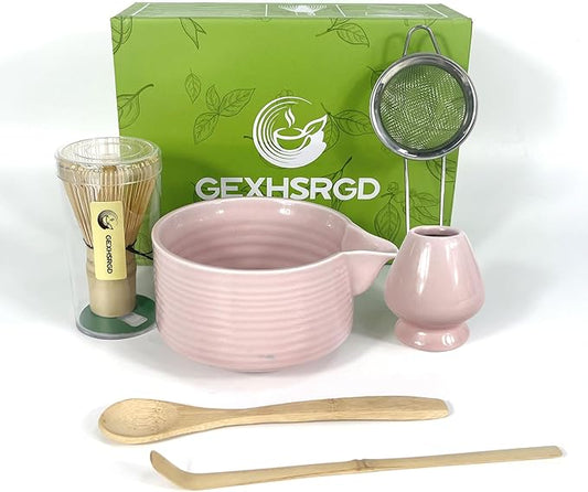 Matcha Whisk Set 6 pc Kit - Traditional Japanese Chasen, Bamboo Whisk Holder, Ceramic Bowl with Spout, Sifter & 2 pc Spoons - matcha kit set, Gift for Matcha Tea Lovers(Pink)