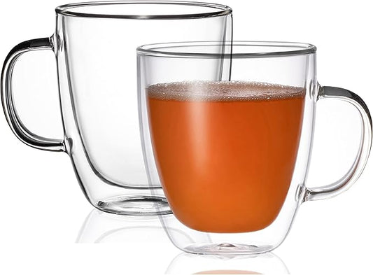 Glass Coffee Mug Set of 2 - Double Wall Clear Espresso Cup with Large Handle, Great for Latte, Cappuccino and Juice, 19 Ounce (560 ml), BE026