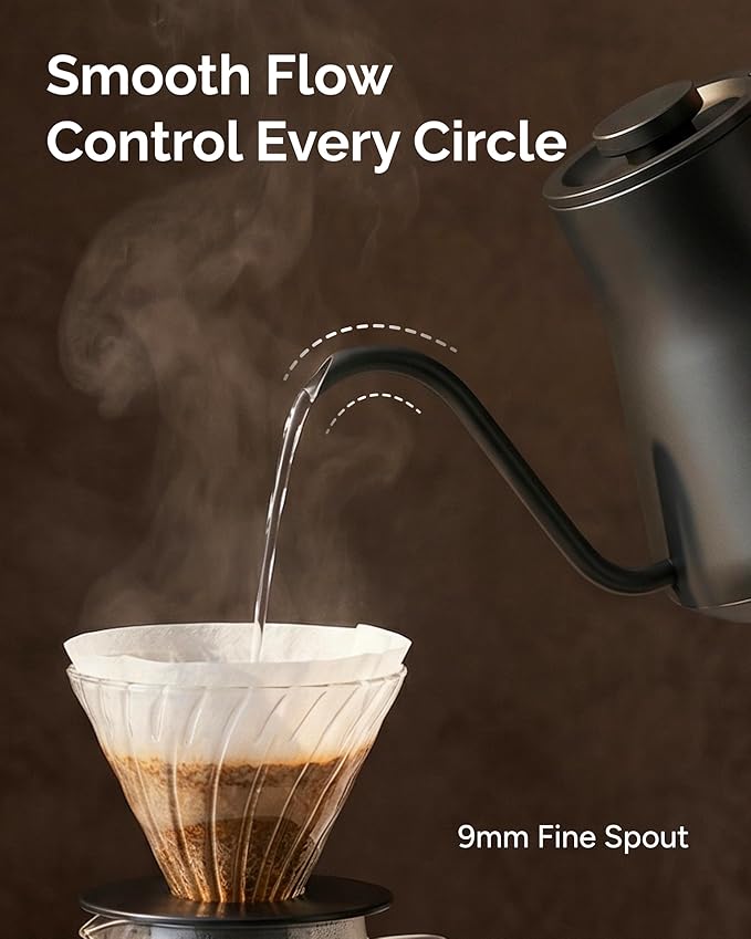 Gooseneck Electric Kettle, ±1℉ Temperature Control, Stainless Steel Inner, Quick Heating, for Pour Over Coffee, Brew Tea, Boil Hot Water, 1500W/0.9L (Glossy Black)