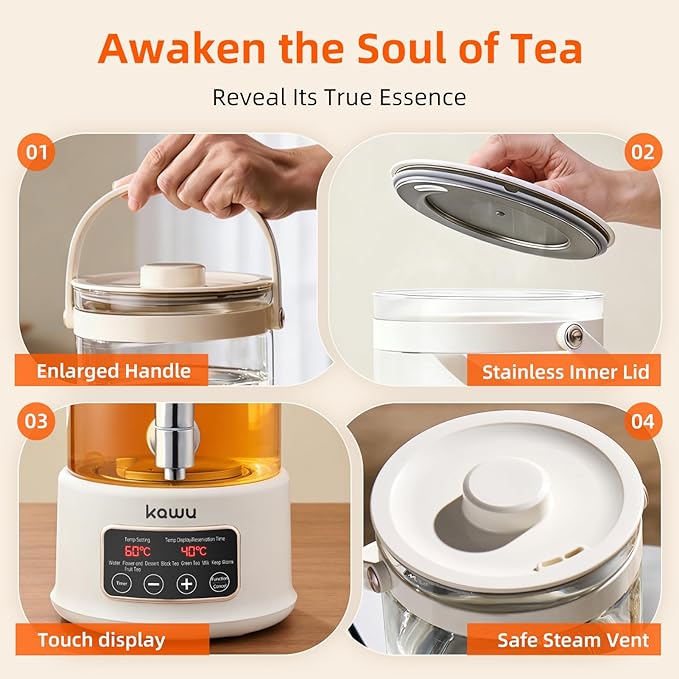 Kawu 2.5L Electric Kettle & Tea Maker with Steam Infuser, 7-in-1 Glass Water Boiler and Warmer, Variable Temperature Control Hot Water Dispenser, 24H Keep Warm for Tea, Office