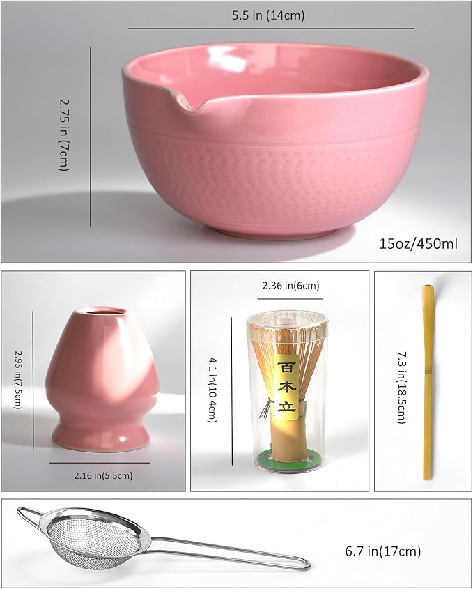 Mimiio Pink Matcha Whisk Set, 5 Pcs - Pink, Ceramic & Bamboo, Japanese Traditional Matcha, Includes Bowl, Whisk, Holder, Sifter, Scoop