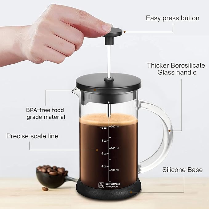 French Press Coffee Maker 12 Ounce Espresso Tea Coffee Maker with 4 Filters System, Stainless Steel Plunger and Heat Resistant Borosilicate Glass BPA-Free Brewed Tea Pot Coffee Plunger