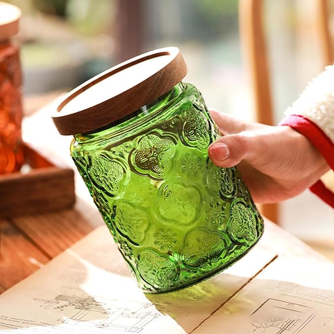 Glass Jar with Lid, Vintage Glass Storage Jars with Airtight Lid Coffee Canister Sugar Container for Kitchen Counter Pantry, Spice, Candy, Coffee Beans, Tea, Cookie (24 FL OZ Green Begonia)