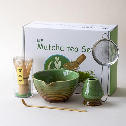 Traditional Matcha Tea Ceremony Set with Ceramic Bowl, Bamboo Whisk, Stand and Strainer, 5-Piece (green)