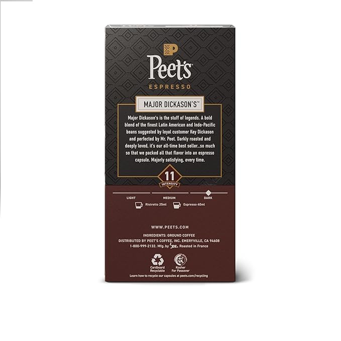 Peet's Coffee, Dark Roast Espresso Capsules, Compatible with Nespresso Original Machines, 100% Arabica Coffee - Major Dickason's Blend Intensity 11, 50 Count (5 Boxes of 10 Espresso Capsules)