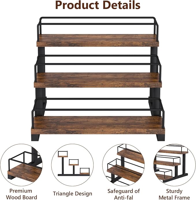 Aduanbang Liquor Bottle Display Shelf, 3 Step Countertop Organizer, Retro Bar Stand for Whiskey, Wine, Spirits (Brown) - Image 6