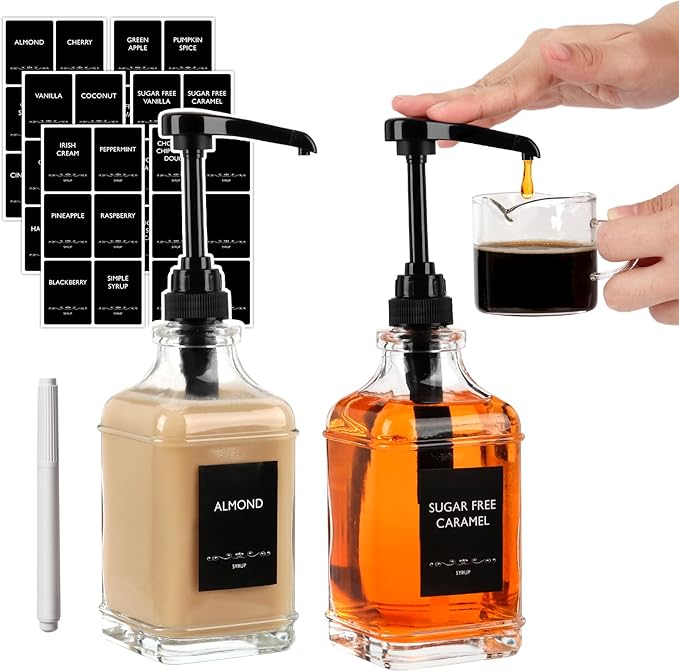 BIGIVACA Coffee Syrup Dispenser 16 oz 2 Pack,Clear Glass Syrup Bottle with 1/4oz Capacity Pump,Syrup Dispenser for Coffee Bar with Plastic Pump by BIGIVACA