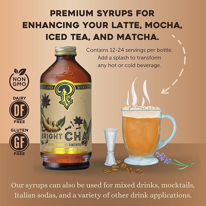 Portland Syrups Bright Chai Syrup - Coffee, Cocktails, Mocktails & Sodas - Premium Concentrate - Orange Pekoe, Ginger, Cinnamon, Cloves & Cardamom - Organic Cane Sugar - 12 oz, 24 Servings (Pack of 1)