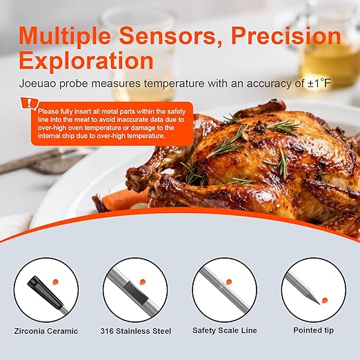 Meat Thermometer Digital,with Dual Ceramic Probes/Standalone Display Base 3000FT Range Smart Real-time Monitoring ±0.5°F Accuracy,for BBQ/Oven/Grill/Smoker/Air Fryer