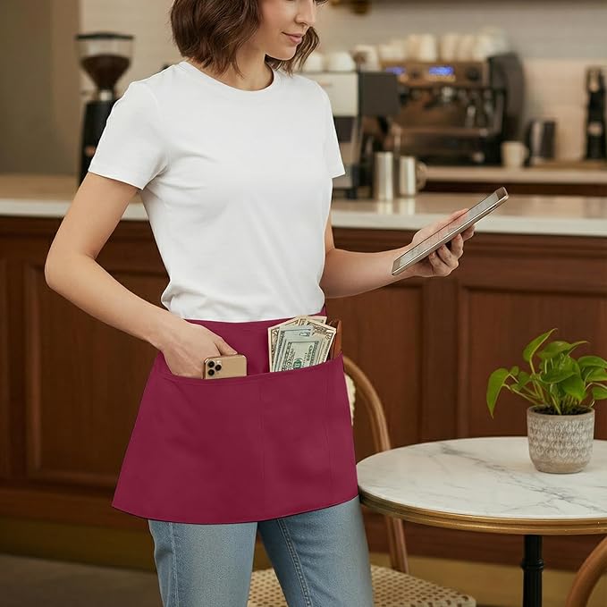 BOHARERS Waist Apron with 3 Pockets 12 Pack - Red Waitress Server Short Apron