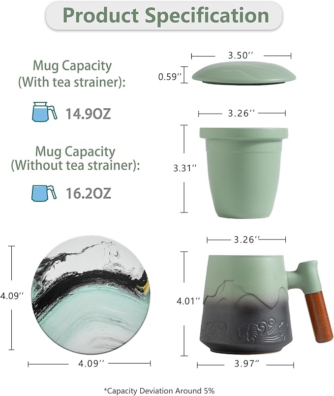 ZENS Tea Mug with Infuser and Lid for Loose Leaf Tea Steeper, 15.2oz Ceramic Tea Cup with Fine Tea Strainers and Absorb Coaster, Wood Handle Large Diffusers Mugs Tea Lovers Gifts