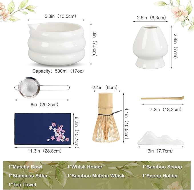 White Matcha Whisk Set, Ceramic Matcha Kit Set Valentine Gift Present Includes Matcha Bowl, Matcha Whisk and Holder, Bamboo Scoop, Scoop Rest, Sifter and Tea Towel - 7 Pcs Matcha Kit for Matcha Lovers