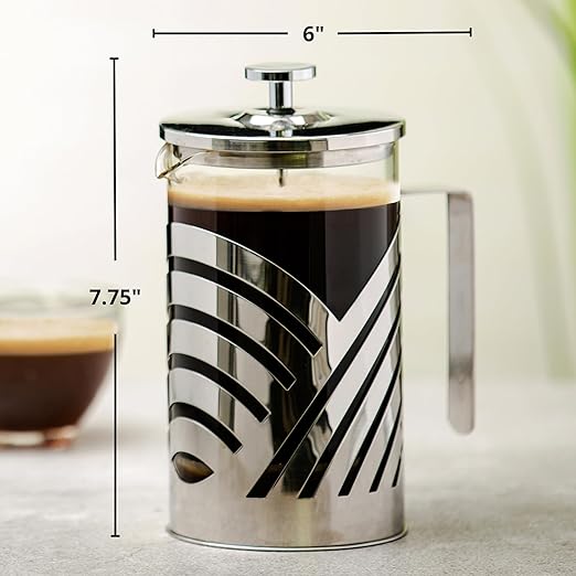 OVENTE French Press Coffee Maker 27 Ounce with Heat Resistant Borosilicate Glass, Stainless Steel Design and 4-Level Filter System, Portable Cold Brewer Pot for Travel, Camping or Gift, Silver FSD27P