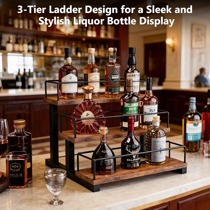 Aduanbang Liquor Bottle Display Shelf, 3 Step Countertop Organizer, Retro Bar Stand for Whiskey, Wine, Spirits (Brown) - Image 5