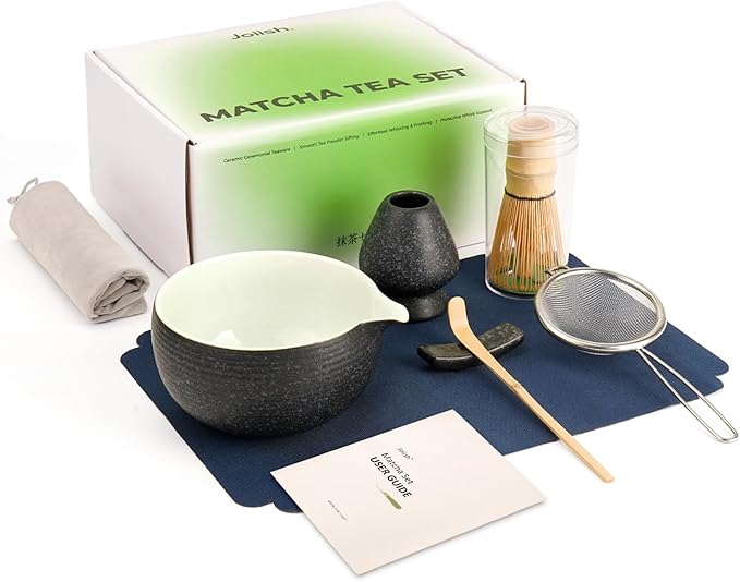 7 Pcs Matcha Kit Set, Matcha Whisk and Bowl with Spout, Powder Sifter, Whisk Holder, Bamboo Scoop and Scoop Rest, Perfect Prepare Tools for Making Macha Tea (Charcoal Grey)