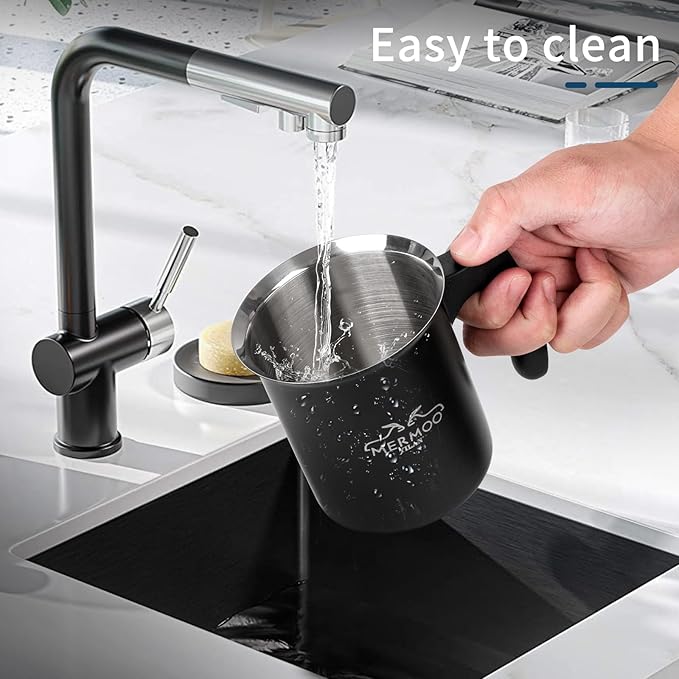 Milk Frother 14oz (400ml) Non electric，Easy to Clean, Can Warm Milk Directly, Also for cold milk, Make Creamer Milk, For Latte, Cappuccinos, Perfect for Camping, Travel, Home (Black)