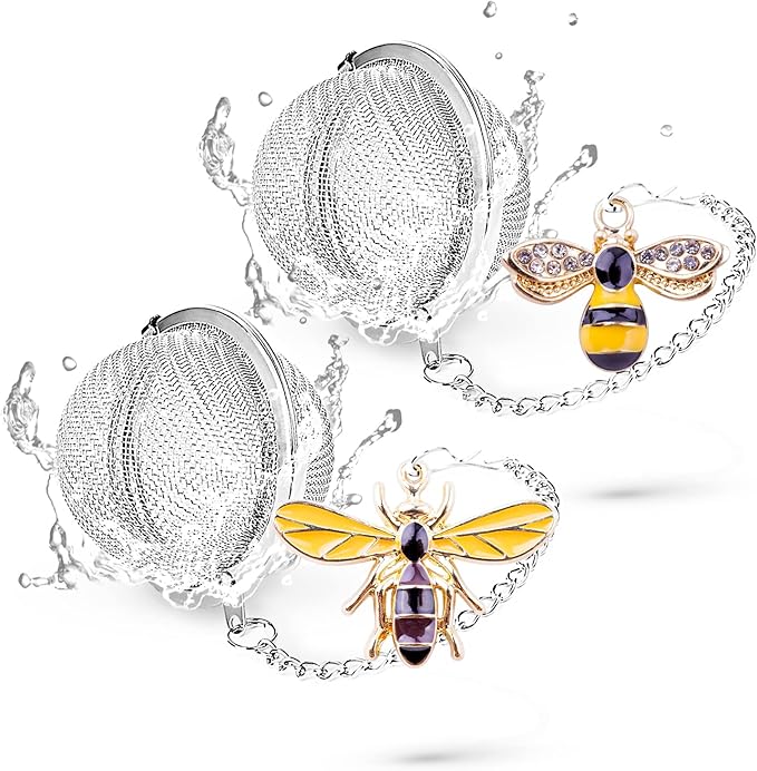 Handmade Tea Ball Infusers - 2pcs, Honey Bee Strainers with Bee Charm Pendant for Loose Leaf Tea