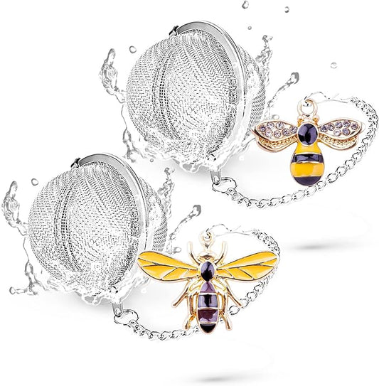 Handmade Tea Ball Infusers - 2pcs, Honey Bee Strainers with Bee Charm Pendant for Loose Leaf Tea