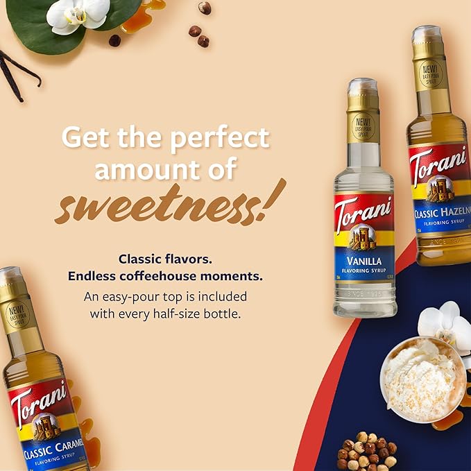 Torani Coffee Syrup, Vanilla, Caramel, and Classic Hazelnut Variety 3-Pack, Flavoring for Drinks, New Easy-Pour Spouts Included, Half-Size Bottles, 12.7 Fl Oz Ea