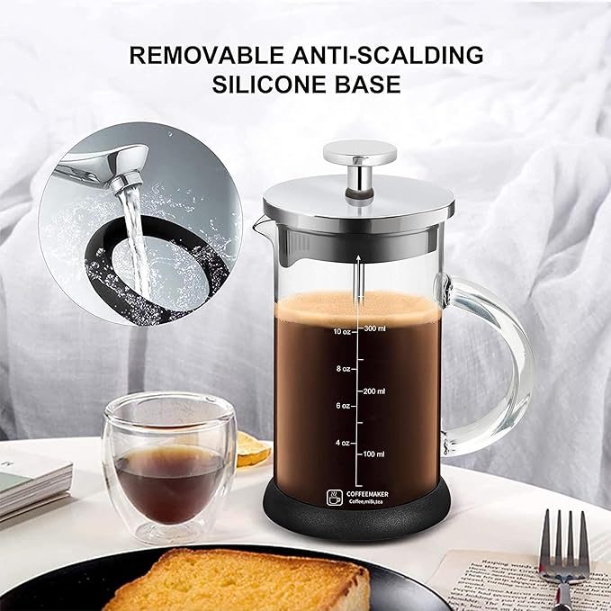 French Press Coffee Maker 12 Ounce Espresso Tea Coffee Maker with 4 Filters System, Stainless Steel Plunger and Heat Resistant Borosilicate Glass BPA-Free Brewed Tea Pot Coffee Plunger(Silvery 12oz)