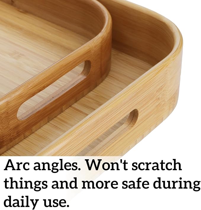 Dicunoy Set of 2 Bamboo Serving Tray, Solid Wood Breakfast Tray with Handles and Arc Angles, Large Size for Food, Dinner, Tea, Coffee, Bar, Parties, 15.6" L x 10.8" W /12.6" L x 8.5" W