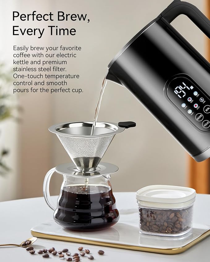 Electric Kettle with Temperature Control, 1.7L Stainless Steel Hot Water Kettle, 5 Presets, 2H Keep Warm, Fast Boil, Matte Black with Stainless Steel Coffee Filter Included