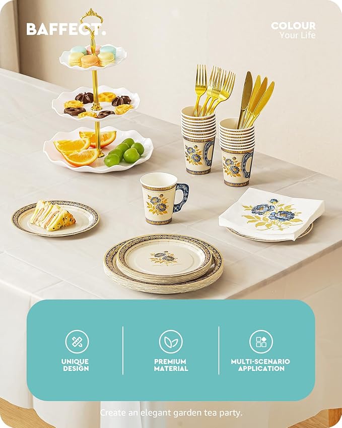 Baffect 145 Pcs Tea Party Supplies, Include Paper Tea Cups With Handle, 9" Garden Tea Party Plates, 7" Floral Saucers, Napkins, Gold Knives, Forks & 1 Disposable Tablecloth (Set Of 24, Blue & Gold)