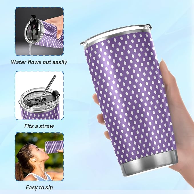 Tumbler Cute Polka Dot Purple Insulated Coffee Cup Beverage Container Travel Mug with Straw and Lid Double Wall Stainless Steel 20oz BPA-Free for Sport, Back to School