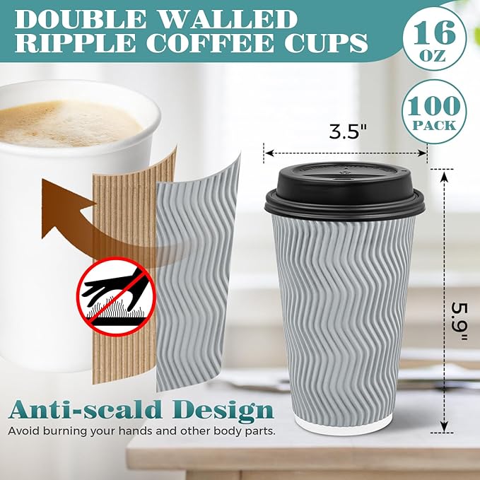 Ginkgo 100 Pack 16 oz Disposable Insulated Coffee Cups With Lids, Double-Walled Ripple To Go Paper Travel Cups for Hot Drinks - Gray