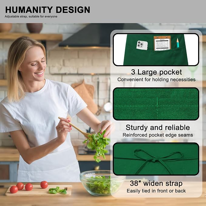 PLOYMONO 1P Green Server Apron with 3 Pockets, Short Waist Waitress Apron | Polyester Short Waiter Apron with 3 Deep Pockets, Great for Restaurant Servers, Bartenders, Hosts, Baristas - Image 2