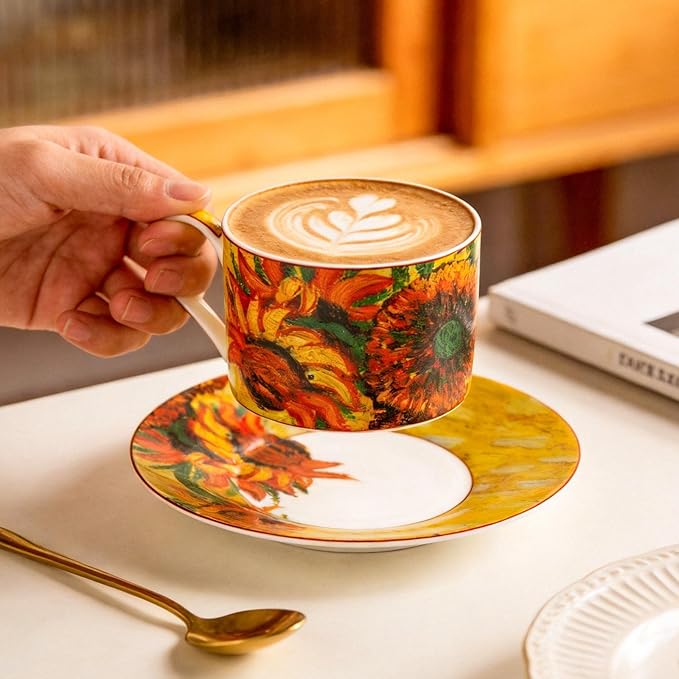 KAMMAK Tea Cups and Saucers Set of 2, Fine Bone China Coffee Cups, Stackable Espresso Mugs, Ceramic Demitasse for Coffee, Cappuccino, Latte, Americano, Tea, Large - Sunflower Oil Painting