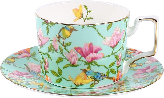 Vintage 8 Ounces Teacup and Saucers Set Floral Tea Cups Set Bone China TeaCups Coffee Tea Cup for Tea Party Women Mom (Green)