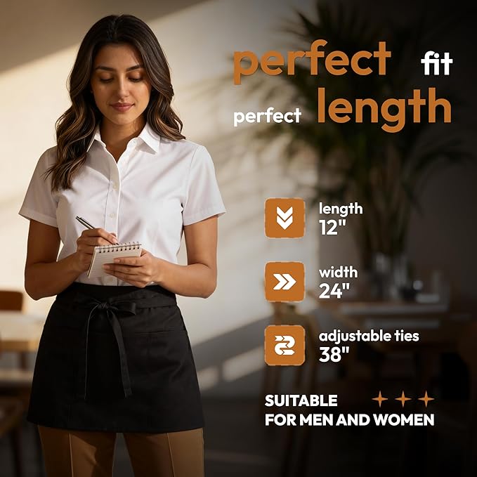 White Classic 3 Pack - Black Server Waist Aprons with 3 Pockets, Waitress Half Apron