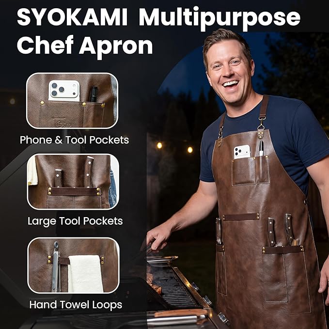 SYOKAMI Synthetic Leather Chef Cooking Apron for Men, Cross Back Apron for All-Day Comfort, Waterproof Apron with Multiple Pockets, Great for Kitchen, Garden, BBQ, Butcher Work or Crafts, Ideal Gift