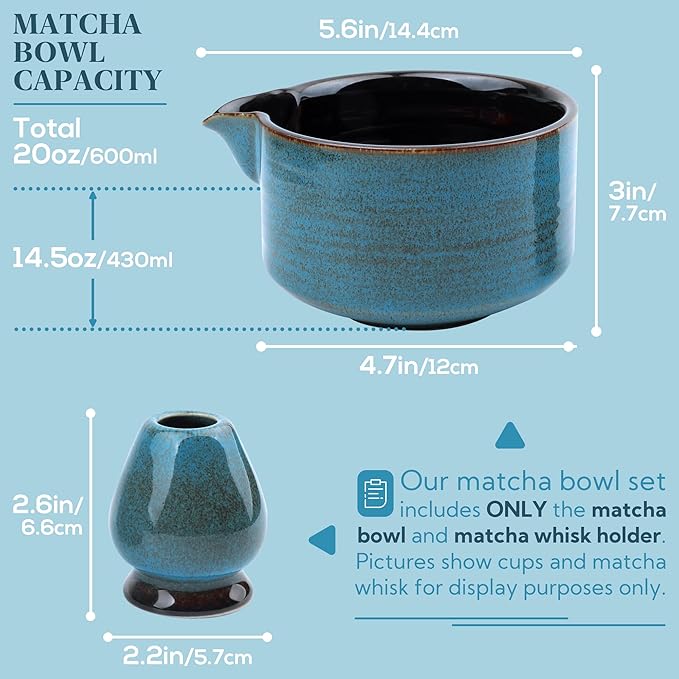 Japanese Matcha Bowl, Glazed Ceremonial Matcha Bowl with Whisk Holder for Matcha Powder/Matcha Tea/Japanese Matcha (Blue(w/Spout))
