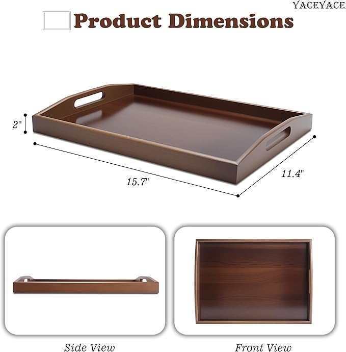 Bamboo Tray with Handles, 15.7"x11.4"x2" Medium Serving Tray for Ottoman Coffee Table, Bamboo Tray for Home Decor, Dining, Bar