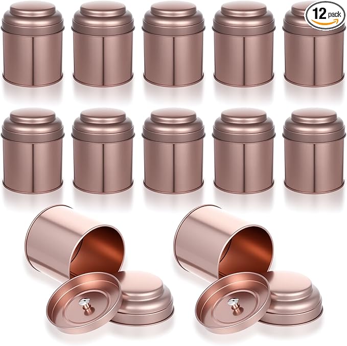12 Pack Tea Tins Canister With Airtight Double Lids, 8 fl oz Round Mini Tea Storage Containers For Loose Leaf, Coffee, Spices and Sugar, Rose Gold