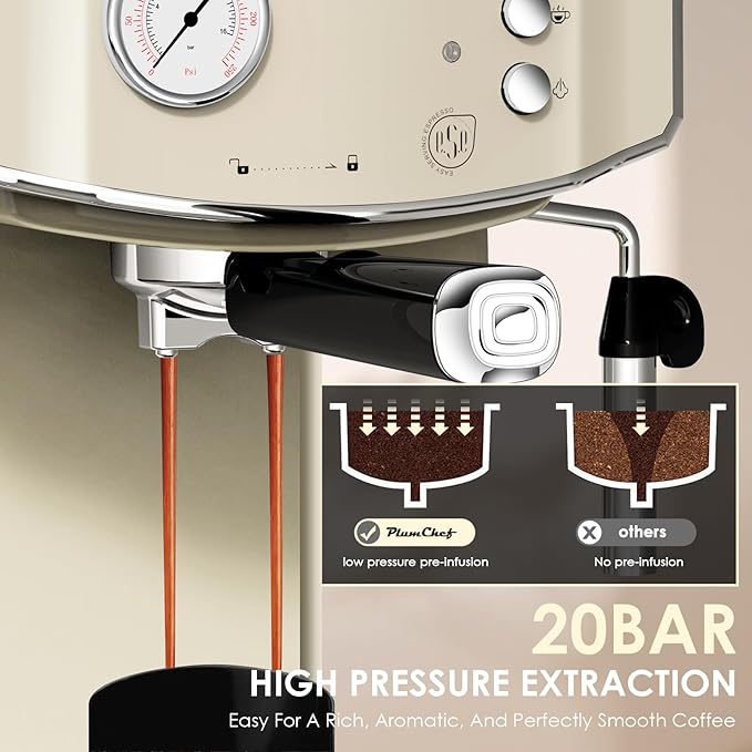Retro-Style 20 Bar Espresso Machine with Milk Frother, ESE Pod Compatible Coffee Make with Pressure Gauge, 54 oz Food-Grade PP Removable Water Tank, Ideal for Home Barista,Beige