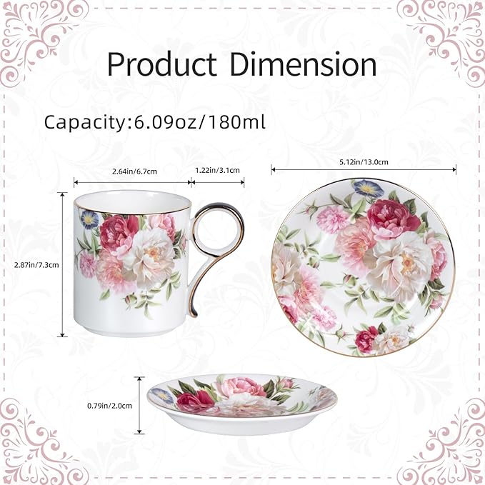 KAMMAK Tea Cups and Saucers Set of 2, Fine Bone China Coffee Cups, Stackable Espresso Mugs, Ceramic Demitasse for Coffee, Cappuccino, Latte, Americano, Tea, Gray