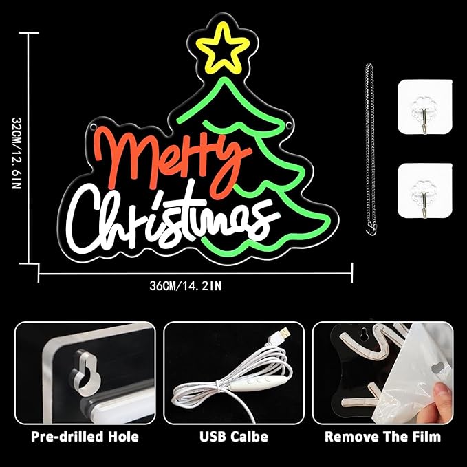 Merry Christmas Neon Sign for Wall Decor, Dimmable Christmas Tree Neon Signs LED Light up Sign with USB Powered for Bar Man Cave Club Party Room Shop Window Bedroom Decor Gifts
