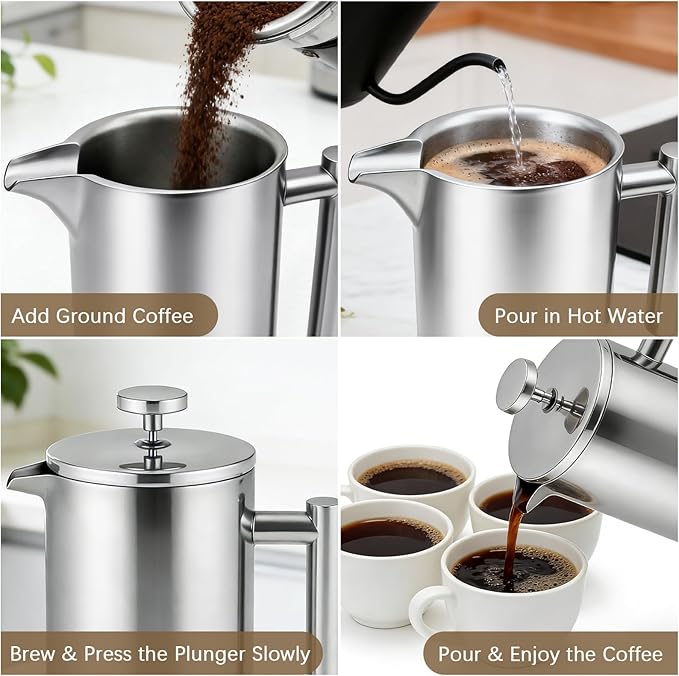 French Press Coffee Maker, 304 Grade Stainless Steel French Press with 2 Extra Filters for Home, Office, Travel, Camping - 34OZ/1 Litre (Sliver)