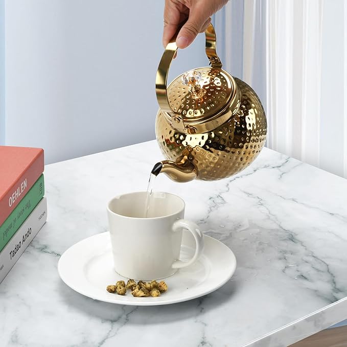 2L Hammered Tea Kettle, Stainless Steel Tea/Coffee Pot Loose Leaf Teapot for Tea, Milk, Coffee, 2L Teapot with Strainer Stovetop Tea Kettle, Outdoor Travel Supplies, Gift For Tea (Gold 2L)