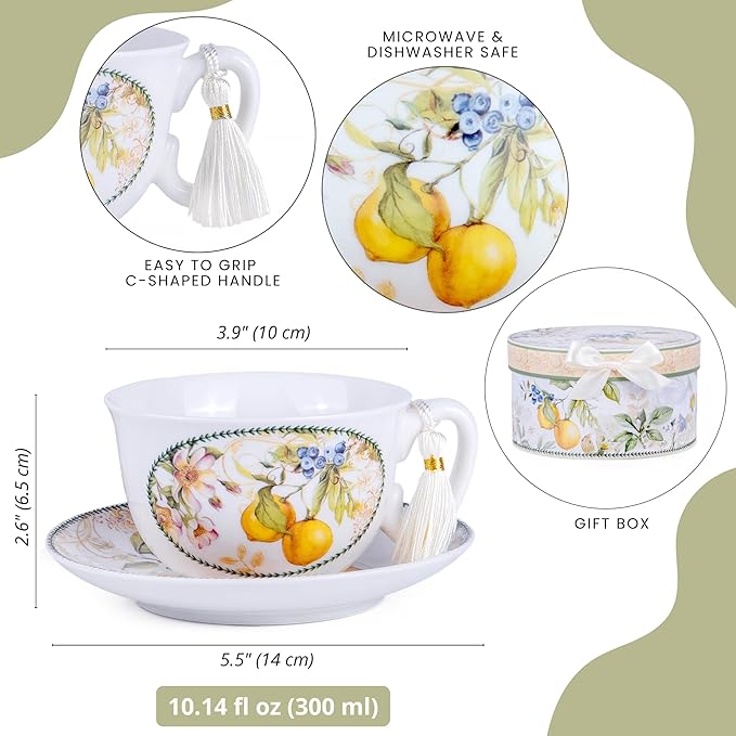 STP GOODS Bone China Tea/Coffee Cup and Saucer in Gift Box Fine Bone China Coffee Cup with Saucer Tea Cup Set of One (Lemon)