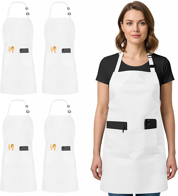 Utopia Kitchen 4 Pack Bib Apron Adjustable with 2 Pockets, Water and Oil Resistant, Cooking Kitchen Chef Apron for Women Men