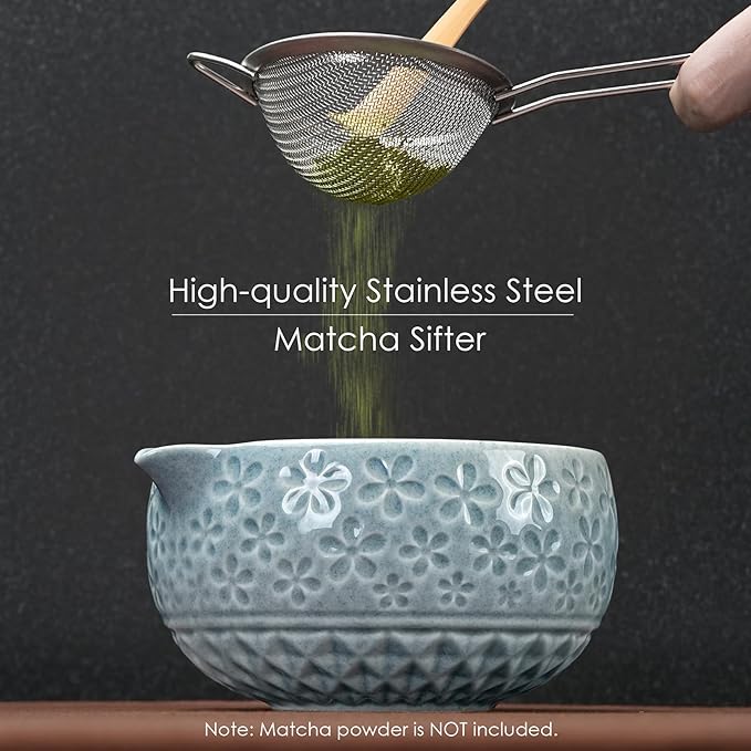 7Pcs Matcha Whisk Set, Matcha Set Whisk and Bowl,Bamboo Scoop, Scoop Rest, Sifter and Tea Towel, Matcha Kit W/Carved Cherry Blossm Pattern for Matcha Lovers (Sakura Blue)