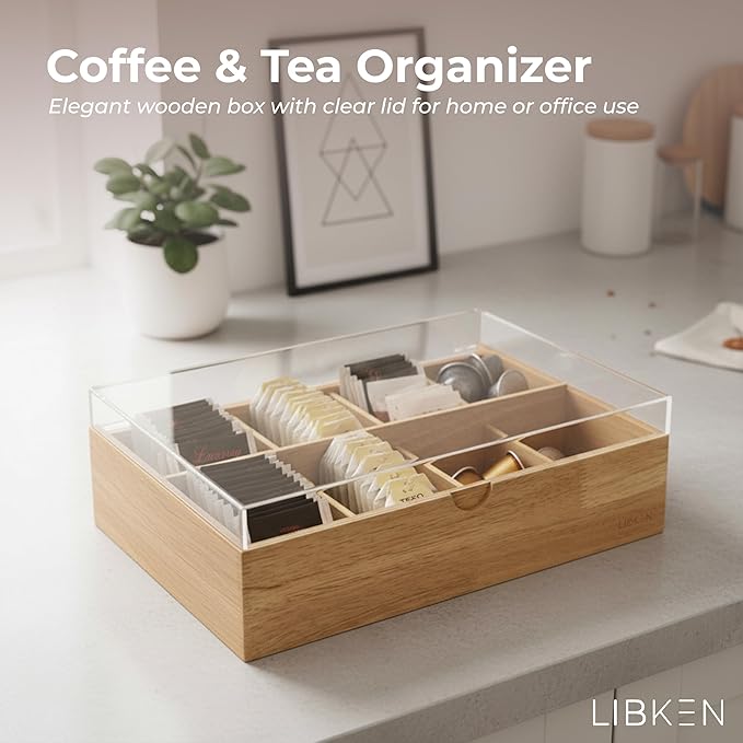 Wooden Tea Bag Organizer Box – 8 Compartment Tea Storage with Clear Lid – Minimalist Scandinavian Design – Versatile Wooden Tea Box for Tea Bags, Jewelry, Crafts, Office & Countertop Storage