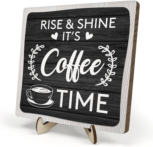 Coffee Bar Sign Plaque Decor,Coffee Bar Accessories,Rustic Wooden Tabletop Plaque with Stand, Minimalist Farmhouse Kitchen Counter Sign,Cute Mini Café Bar Decor Gift