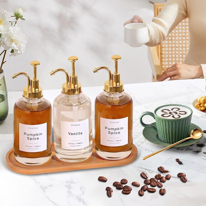 Coffee Syrup Dispenser for Coffee Bar, 16.9oz 500ml Glass Syrup Dispenser w Golden Coffee Scoop, Coffee Syrup Pump Dispenser w 36 Labels and Bamboo Tray, Coffee Syrup Bottles with Golden Pump, 3PCS - Image 3
