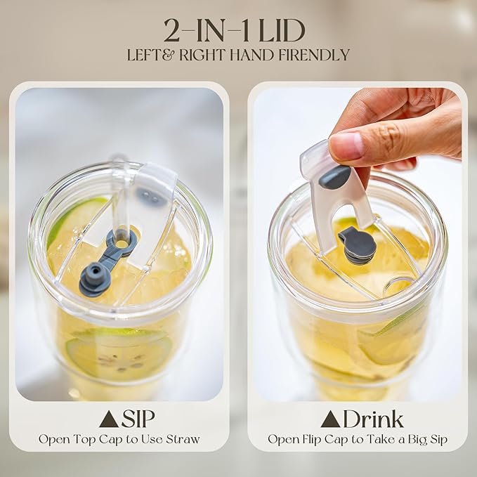 KEMORELA Set of 4 Double-Walled Glass Cups, 16 oz / 480 ml Insulated Tumblers for Iced Coffee, Latte, Matcha, Smoothies, Bubble Tea & Cold Drinks – Clear Modern Glassware, Dishwasher Safe